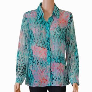 Allan B Sheer Button Up Blouse S Blue Abstract Print Top Long Roll Tab Sleeves